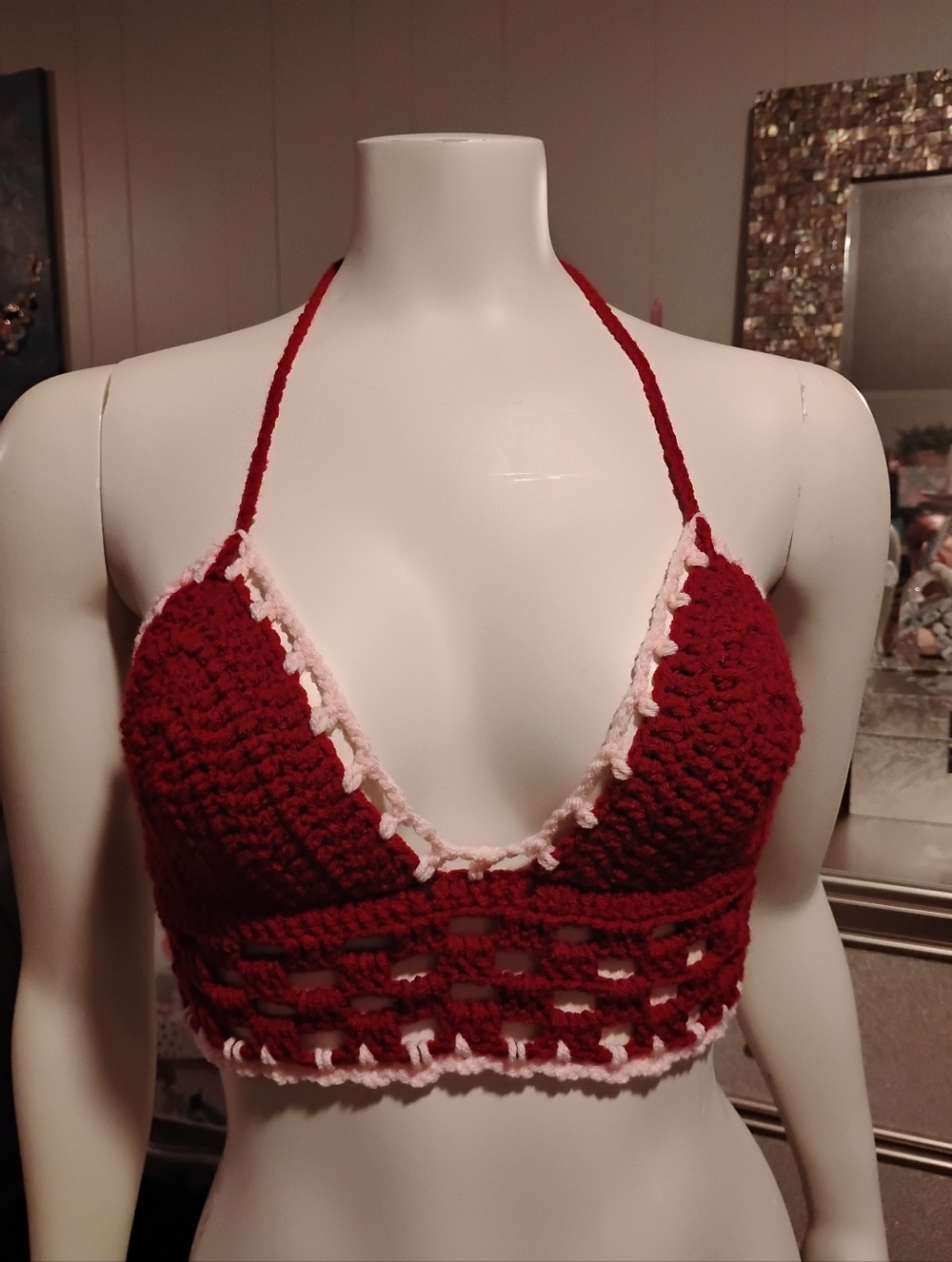Handmade Red Crochet Bralette with Light Pink Trim